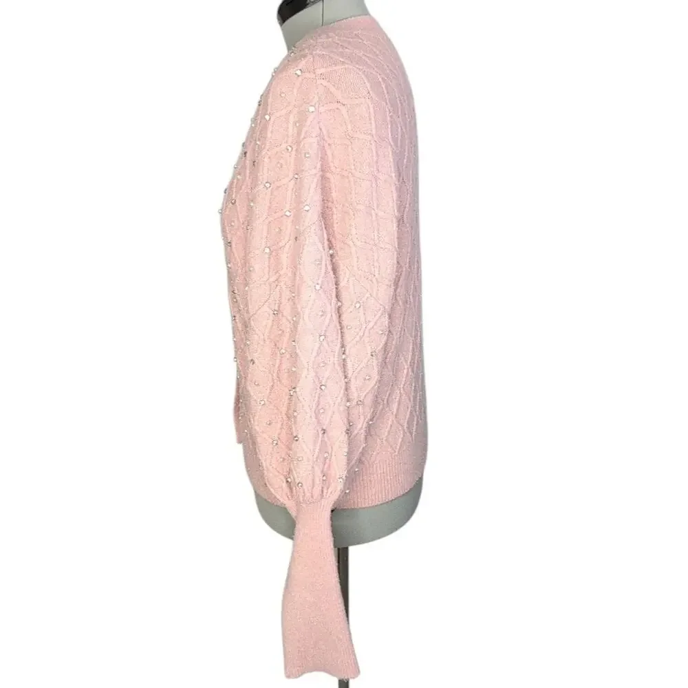 Express Pink Pearl & Crystal Cardigan Sweater with Diamond Knit Pattern, size XL